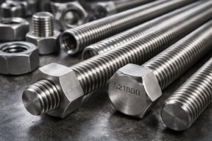 Close-up of Nitronic 60 stainless steel bolts and threaded rods, showing smooth rolled threads and high-strength industrial fasteners.